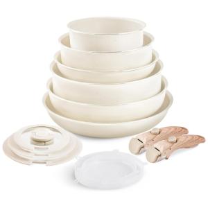 Jogo de Panelas e Frigideiras Antiaderentes em Granito com Utensílios, 16 Peças, YIIFEEO, Creme