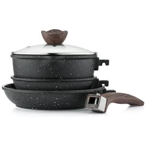 Jogo de Panelas e Frigideiras Antiaderentes, Material em Alumínio com 5 Peças e Cabo Removível, Kordisen 0502, Preto