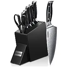 Conjunto de Facas em Aço Inoxidável com Bloco de Bancada, 7 Peças, KNIPAN, Preto