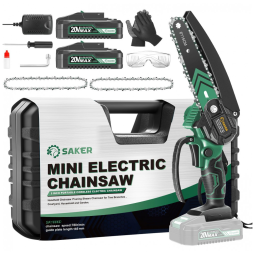 Mini Motosserra Elétrica Portátil para Poda de Galhos, Movida a Bateria 20V, Saker, Verde