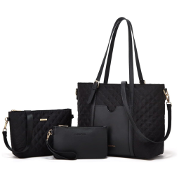Conjunto de Bolsas Femininas em Couro Sintético 3 Peças com Carteira, Lovematch, Preto
