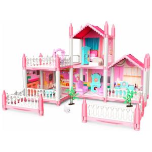 Casa de Bonecas com 5 Quartos e Cômodos Customizáveis para Crianças de 6 Anos ou Mais, FLFUATT, Rosa