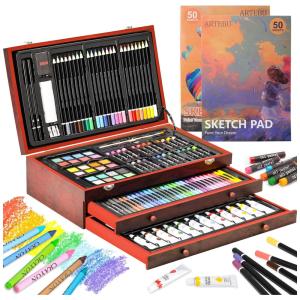 Kit de Pintura ARTEBU com 174 Peças e Caixa de madeira Portátil, Cor Marrom