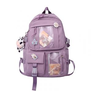 Mochila feminina escolar Eagerrich rosa com acessórios decorativos impermeável 25L