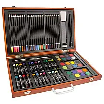 Kit Lápis de Cor Profissional com Maleta de Madeira 102 Peças e Tintas Acrílicas, Aquarela, Alek Shop, Marrom