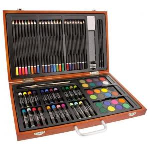 Kit Lápis de Cor Profissional com Maleta de Madeira 102 Peças e Tintas Acrílicas, Aquarela, Alek Shop, Marrom