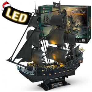 Quebra Cabeças 3D Veleiro Negro com Led para Crianças e Adultos, 340 Peças, CUBICFUN, Preto