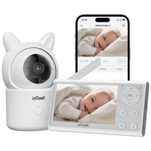 Babá Eletrônica com Sensor de Temperatura, Câmera, Áudio, Monitor 1080P FHD, Sem WiFi, ieGeek, Branco