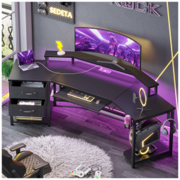 Mesa Gamer de Fibra de Carbono em Formato de L, 79" 200 cm com Luz LED, Suporte para Monitor, Porta-Copos, Tomadas e 2 Gavetas, 110V