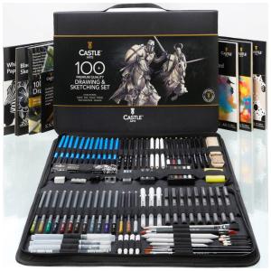 Kit Lápis de Cor Profissional com Maleta 100 peças Tintas Acrílicas, Aquarela, Castle Art Supplies