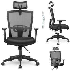 Cadeira de Escritório Ergonômica Giratória com Apoio de Braços e Suporte Lombar Ajustável, MFAVOUR MFV000016US, Preto