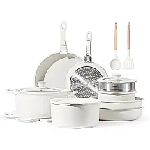 Jogo de Panelas e Frigideiras Antiaderentes, Material em Granito com 22 Peças, Utensílios de Cozinha e Cabo Removível, CAROTE, Branco Creme