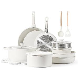 Jogo de Panelas e Frigideiras Antiaderentes, Material em Granito com 22 Peças, Utensílios de Cozinha e Cabo Removível, CAROTE, Branco Creme