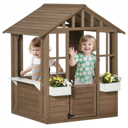 Casa de Madeira para Crianças Outsunny - Brinquedo de Jardim com Porta, Janelas e Suporte para Vasos de Flores - 1,19m