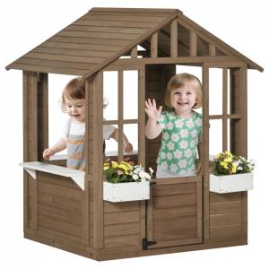 Casa de Madeira para Crianças Outsunny - Brinquedo de Jardim com Porta, Janelas e Suporte para Vasos de Flores - 1,19m