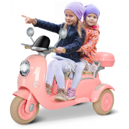 Moto Elétrica Infantil Letsgoride 12V Rosa Claro 2 Lugares 3 Rodas com Controle Remoto, Baú, Bluetooth, LED e Buzina 2x50W