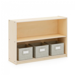 Estante baixa Guidecraft EdQ Two Shelf Open Storage 30" Natural com 2 prateleiras abertas e 3 caixas de tecido 107cm