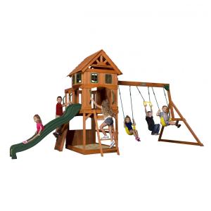 Playground Infantil com Caixa de Areia, Prateleira de Lanches, Parede de Escalada, Escorregador, 2 Balanços e Barra de Acrobacias