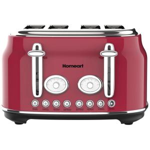 Torradeira Elétrica 4 Fatias com Função Descongelar e Bandejas de Migalhas Removíveis, 110V 1500W, Homeart, Vermelha