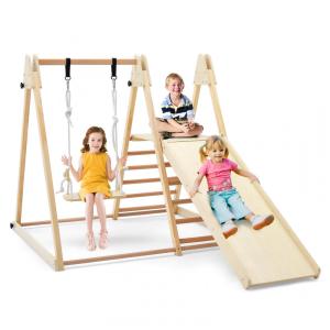 Playground HONEY JOY Indoor 5-em-1 Para Crianças, Com Balanço, Rampa Escorregador, Escada e Parede de Escalada, Dobrável, Estilo Montessori