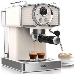 Máquina de Café Expresso Retrô 20 Bar com Bocal de Leite e Tanque de Água Removível de 1,8L, 110V 1350W, SUMSATY, Branco Vintage