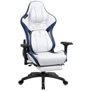 Cadeira Gamer Reclinável e Giratória com Apoio para Lombar, Cabeça e Pés, Dowinx, Branca e Azul