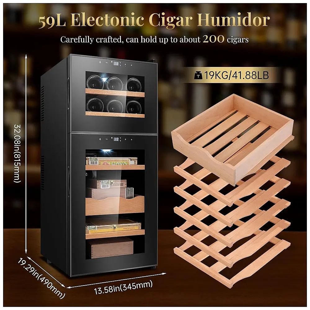 Humidor Eletrônico Wencili Preto 2-em-1 Charutos e Vinhos 59L 200 Unidades com Madeira Cedro — foto 2