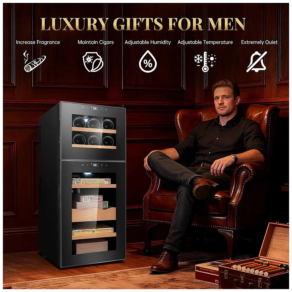 Humidor Eletrônico Wencili Preto 2-em-1 Charutos e Vinhos 59L 200 Unidades com Madeira Cedro — foto 3