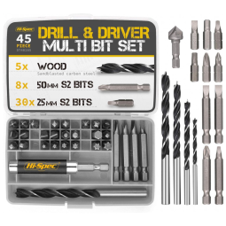 Kit de Brocas 45 Peças com Acessórios de Parafamento e Fixação, Estojo, HI SPEC DT40285 US, Cinza