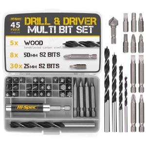 Kit de Brocas 45 Peças com Acessórios de Parafamento e Fixação, Estojo, HI SPEC DT40285 US, Cinza