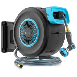 Mangueira de Jadim 30M com Enrolador Retrátil, Trava e Suporte Giratório 180, Sheboren, Cinza e Azul