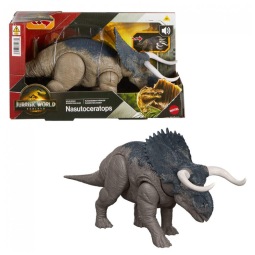 Dinossauro articulado Mattel Jurassic World Rebirth Wild Roar Nasutoceratops com ataque pela cauda, rugido e integração digital via app