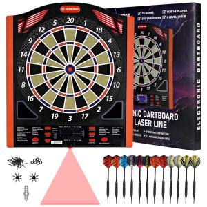 Jogo de Dardos Eletrônico, Tabuleiro Iluminado Com Pontas Macias, LED, Linha Laser, 34 Jogos, Até 8 Jogadores, 5 Níveis, Baterias/Adaptador