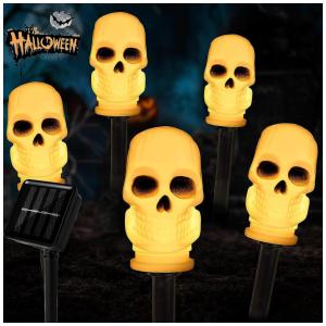 Kit de Estacas Decorativas Solar com 5 Caveiras 3D Iluminado para Halloween