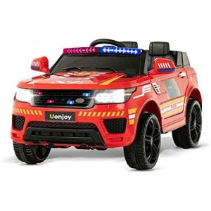 Uenjoy Carro, Carrinho Elétrico Bombeiro, à bateria 12V, c, controle remoto, sirene, Led, USB Vel 5 km, h, 3 a 6 anos