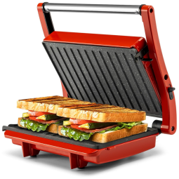 Sanduicheira e Grill Elétrico com Tampa de Travamento e Luzes Indicadoras e Abertura 180, 1000W, 110v, Pukomc, Vermelha