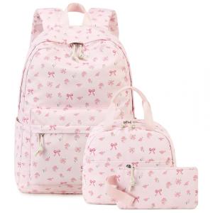 Mochila escolar Bluboon juvenil feminina rosa com laço, conjunto 3 peças com lancheira térmica e estojo, para notebook 35,5 cm