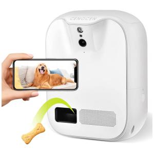 Câmera Monitoração 5G Wi Fi Full HD com Dispensador de Petiscos para Cães e Gatos, Visão de 130, CENGCEN LMC 001, Branco