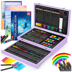 Kit Lápis de Cor Profissional com Maleta de Madeira 150 peças Tintas Acrílicas, Aquarela, Roxa, IBAYAM, Violeta