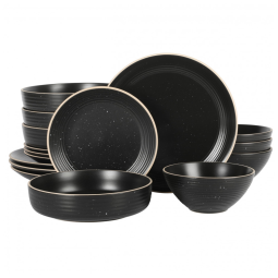 Aparelho de Jantar de Pedra de 16 Peças Gibson Home Dinah Bowl Duplo de Jantar com Relevo em Alto-Relevo Preto Fosco - Serviço para 4