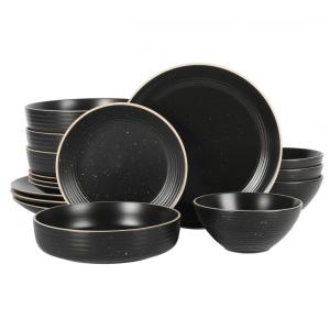 Aparelho de Jantar de Pedra de 16 Peças Gibson Home Dinah Bowl Duplo de Jantar com Relevo em Alto-Relevo Preto Fosco - Serviço para 4