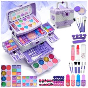 Kit de Maquiagem Infantil com 57 Peças para Crianças de 4 a 12 Anos, HERAPFANN, Roxo