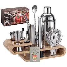 Kit Bartender Profissional 18 Peças em Aço Inoxidável com Suporte de Bambu, TONGTAIWQTJQ
