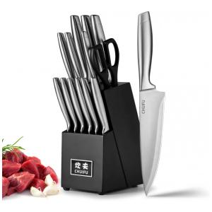 Conjunto de Facas em Aço Inoxidável com Bloco de Bancada, 14 Peças, CHUIFU, Prata