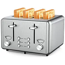 Torradeira Elétrica 4 Fatias com 6 Níveis de Tostagem em Aço Inoxidável e Bandeja de Migalhas Removível, 110V 1500W, WHALL, Prata