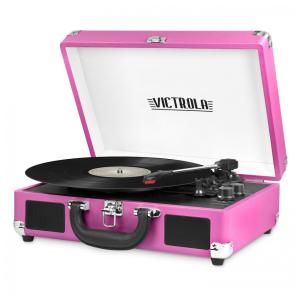 Toca Discos Portátil Bluetooth Vintage de 3 Velocidades com Alto-Falantes Embutidos, Victrola, Rosa