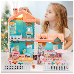 Casa de Bonecas com 3 Quartos e Cômodos Customizáveis para Crianças de 3 Anos ou Mais, OENUX, Azul