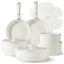 Jogo de Panelas e Frigideiras Antiaderentes, Material em Granito com 17 Peças e Cabo Removível, CAROTE A08026, Branco Creme