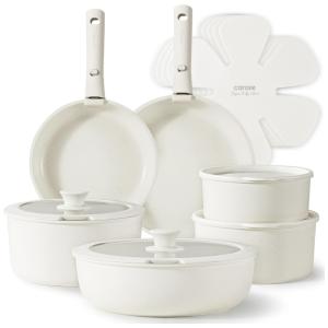 Jogo de Panelas e Frigideiras Antiaderentes, Material em Granito com 17 Peças e Cabo Removível, CAROTE A08026, Branco Creme