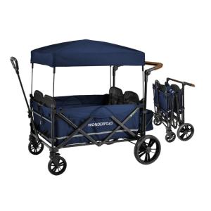 Carrinho de Passeio para 4 Crianças Multifuncional com Porta Objeto e Cobertura, até 80 kg, WONDERFOLD X4, Azul
